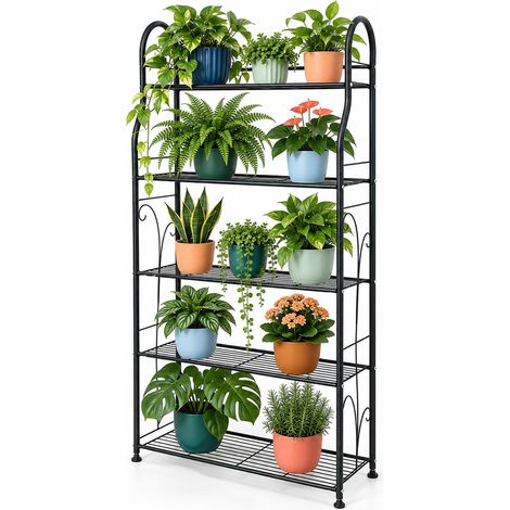 Relaxdays Estantería para flores, 5 estantes, (Al x An x Fon): 144 x 71 x 24,5 cm, macetas, escalera para plantas, negra (1/5)