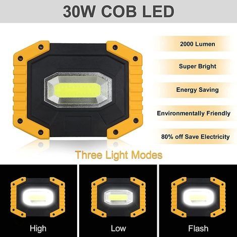 30W 2000 Wiederaufladbarer LED-Flutlichtstrahler, Baustellenleuchte mit 2 Batterien, 3 Modi, Tragbare USB-LED-Laterne für Camping, Baustelle, Garage, Werkstatt (1 Stück) (1/4)