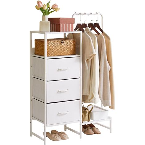 Commode en Tissu pour Chambre à Coucher, Armoire à Tiroirs en Tissu avec étagères et Tringle de Suspension, Porte-Manteau pour Couloir, Entrée, Chambre à Coucher, Salon, Blanc YD-TM081W (1/5)