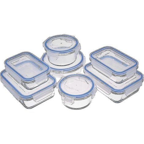 Boîtes de conservation alimentaire basiques en verre, avec couvercles verrouillables, ensemble de 7 pièces (14 pièces avec les couvercles), sans BPA, transparentes, avec anneaux en silicone bleus. (1/5)