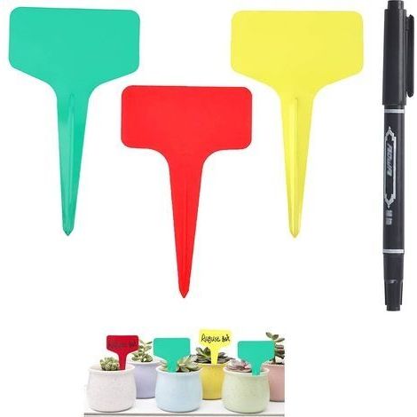 120 pièces Etiquette Jardin Exterieur Marqueurs en Plastique de Plantes Type T Plastique Etiquette Potager avec Stylo étanche Etiquetage Réutilisable et Accessoires pour Plantes(rouge et vert et jaune (1/5)