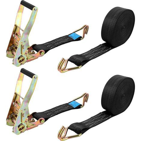 Lot de 2 Sangle a Cliquet 10M×50MM Sangle D'arrimage à Cliquet 3000 kg Sangle à Cliquet avec Crochet en Polyester Sangles à Cliquer Noir pour Moto, Remorque, Voiture, Camion