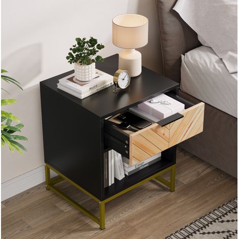 Table de chevet moderne 1 tiroir et 1 niche ouverte 43 x 40 x 55 cm MDF noir et bois OKWISH (1/5)