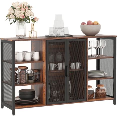 Buffet de cuisine avec 6 étagères ouvertes, porte-gobelet et étagère réglable pour bar salle à manger 120 x 40 x 76 cm brun rustique