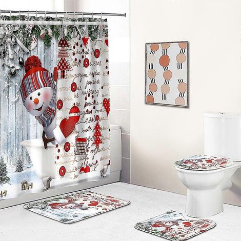 Ensemble de douche de Noël 4 pièces avec rideau de douche bonhomme de neige, tapis antidérapant, couvre-abattant de toilette et tapis de bain. Rideaux de douche de Noël amusants avec 12 crochets. (1/5)