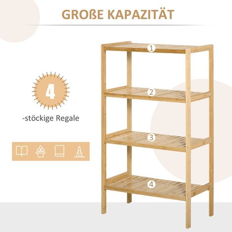 Meuble de rangement HOMCOM en bambou naturel 4 niveaux, bibliothèque à livres, étagère de bureau, support à dossiers, 62x33x112 cm, pour salon, chambre, cuisine, salle de bain