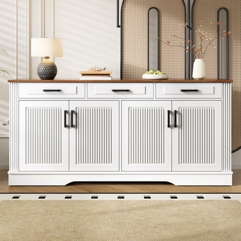 Buffet Sideboard de Salon et Salle à Manger en MDF - Meuble de Rangement avec 4 Portes à Rayures Verticales 3D et 3 Tiroirs - Style Moderne Chic - 160x40x75cm- Blanc (1/5)