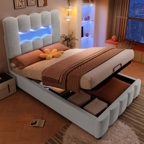 Lit capitonné moderne 90x200 cm en velours gris, avec tête de lit réglable, LED et coffre hydraulique (1/5)