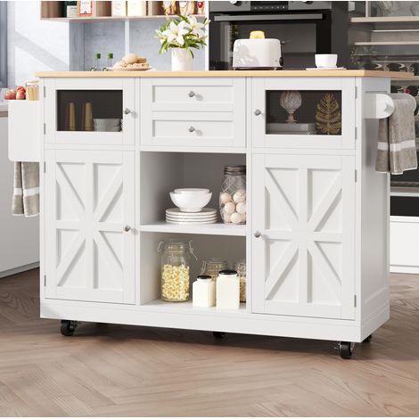Îlot de cuisine 140x40x93.5 cm blanc en MDF avec plateau rabattable et roulettes (1/5)