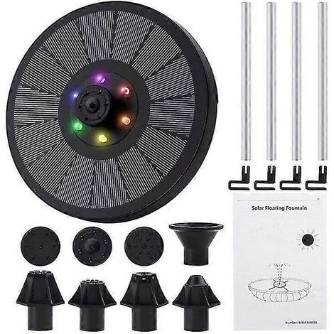 Fontaine à eau flottante à énergie solaire avec pompe, bain d'oiseaux et décoration pour la maison, la piscine et le jardin (6 LED RGB). (1/5)