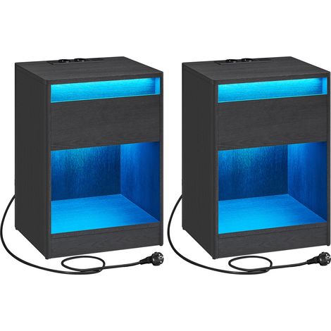 Lot de 2 Table de Nuit avec Multiprise, Table Basse avec Lumières LED Réglables, avec Tiroir, 2 Prises Électriques, 2 Ports USB, Moderne, pour Chambre, Salon, Noir Cendré (1/5)