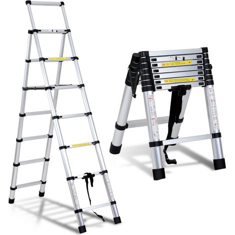SWANEW Teleskopleiter Alu Leichtgewicht Rutschfester 2,0m+2,3m Silber Multifunktionsleiter Mehrzweckleiter Ausziehbare Leiter 15 Stufe Stehleiter aus Hochwertigem Aluminium Belastbarkeit 150KG