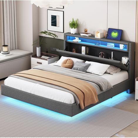 Polsterbett 160/200 cm grau aus Leinenstoff mit USB, LED und klappbarem Kopfteil (1/5)