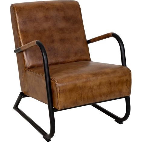 Sillon de metal tapizado en cuero marrón 61x70x84h cm (1/5)