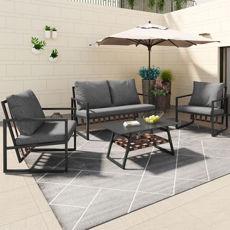 Ensemble de salon de jardin pour 4 personnes noir - Canapé, table basse et coussins avec hous (1/5)
