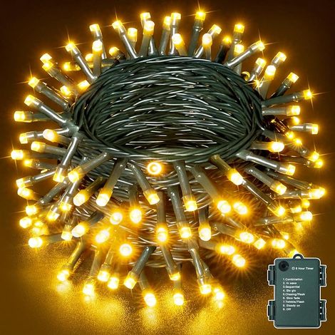 Guirlande lumineuse d'extérieur à batterie - 15 m - 150 LED - Blanc chaud - 8 modes - Minuterie - IP44 - Étanche - Batterie pour l'intérieur et l'extérieur - Pour jardin, mariage, fête, sapin de (1/5)