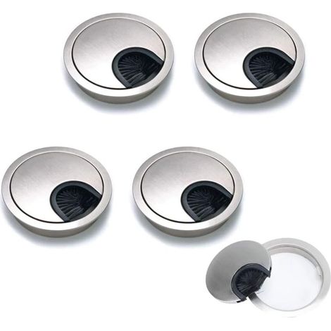 Lot de 4 passe-câbles ronds encastrés pour bureau, finition métal brossé, argentés, 60 mm (1/5)