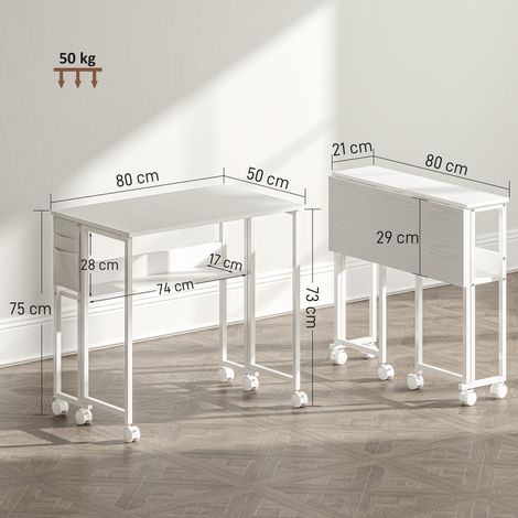 Bureau pliant gain de place avec plateau rabattable (avec étagère, poche de rangement et roulettes), blanc (1/5)