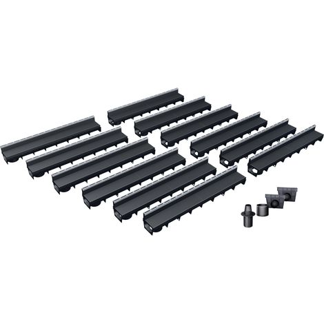 MEA – Pack de 12 caniveaux à fente en PP recyclé – Drainage classe A15 – Accessoires inclus – E-Blade R en inox pour extérieur