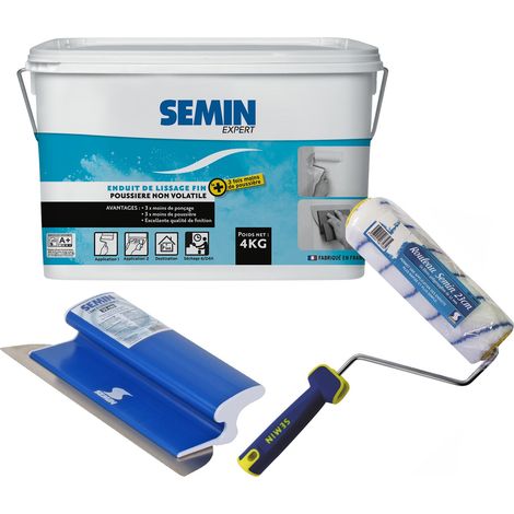 Semin – Enduit de lissage intérieur 4 kg – Ponçage réduit – Poussière maîtrisée – Application manuelle ou mécanique – Rouleau 23 cm et lame 25 cm