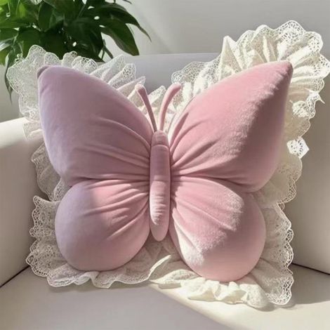 Coussin Lombar Forme Papillon - Velours avec Bordure Dentelle - Pour Canapé Lit Chaise Bureau Siège Auto - 45 x 40 cm - 1 Pièce (1/5)