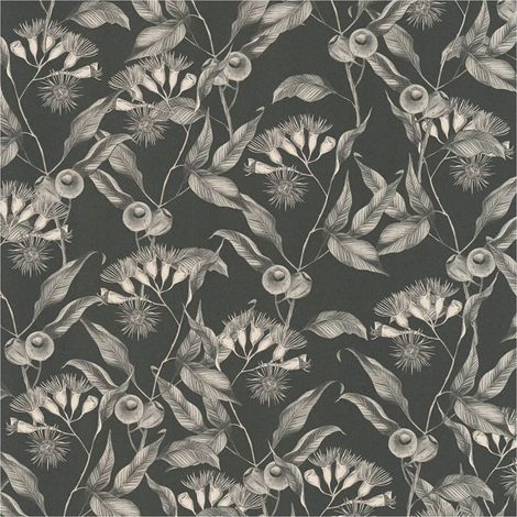 Flowers wallcovering wall Profhome 394302 hot embossed non-woven wallpaper slightly textured with floral ornaments matt black white grey 5.33 m2 (1/5)