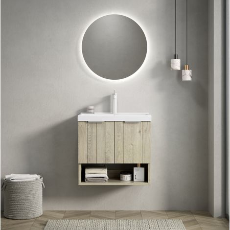Mueble lavabo de baño (62x39x61 cm), lavabo cerámico integrado, armario con puertas y estante, blanco (1/5)