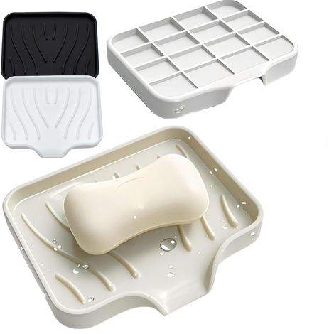 Lot de 2 porte-savons silicone antidérapants – évacuation d’eau, design pratique – blanc/noir, cuisine/salle de bain (1/5)