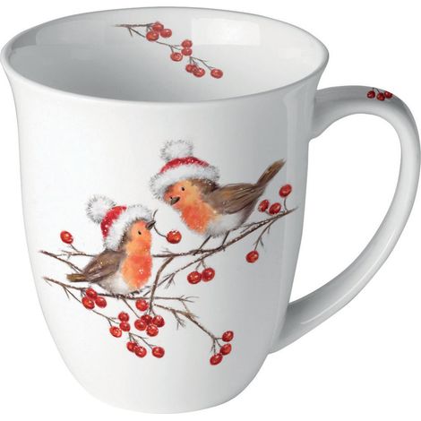 Mug en porcelaine fine rouge-gorges de Noël