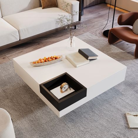 Couchtisch, Hochglanz-Wohnzimmertisch, Beistelltisch mit abnehmbarer Aufbewahrungsbox, Farbblockweiß und Schwarz, 727230 cm, Mit LED-Lichteffekt (1/5)