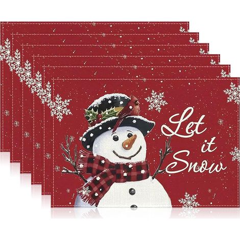 6 Pcs Set de Table Noel en Lin, Sets de Table de Noël Bonhomme de Neige, Set de Table Lavable Rouge, sous Assiette de Table Noel (1/5)