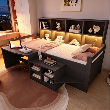 Letto singolo rialzato 90x200 cm grigio in legno con scrivania, LED e contenitori (1/5)