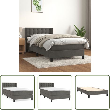 The Living Store Sommier à lattes de lit avec matelas Gris foncé 100x200 cm - Lit Double - Lit Capitonné - Lit Velours - Literie - Chambre À Coucher (1/5)