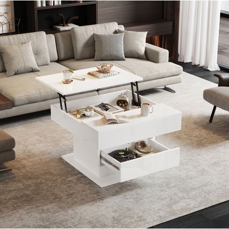 Table basse 70x70x45 cm blanche – plateau relevable, rangement caché, panneau de particules MEUBLIV (1/5)