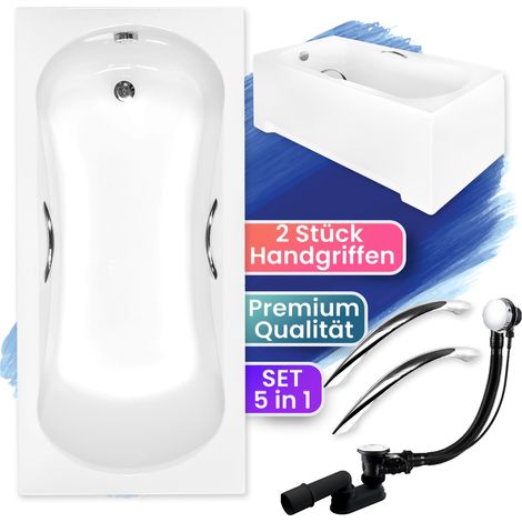 Badewanne Rechteck 160x70 mit AcrylSchürze + Handgriffen, Ablaufgarnitur & Füßen GRATIS - Komplettset 5in1 Acryl Wanne Siphon - BADLAND ARIA PLUS (1/5)