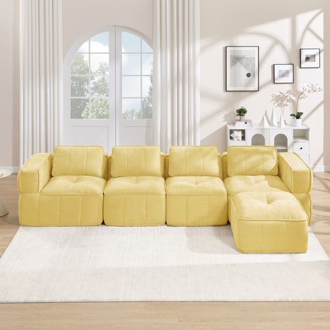 Canapé d'angle modulaire en L 4 places avec pouf, canapé nuage sans cadre en polyester, mousse haute densité 32D, assise profonde antidérapante, sans montage, 344 x 162 x 67 cm, Jaune