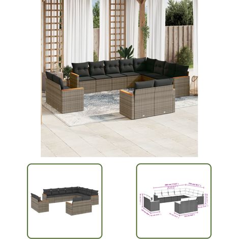 The Living Store 12-tlg. Garten-Sofagarnitur mit Kissen Grau Poly Rattan - Gartenmöbel - Rattan Möbel - Outdoor Sofa - Lounge Set - Esszimmergarnitur (1/3)