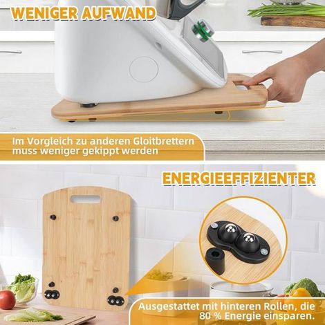 Planche Thermomix - compatible TM6/TM5, glissière bois roulettes, support plateau bambou poignée, déplacement sûr - plan Étiquette (1/4)