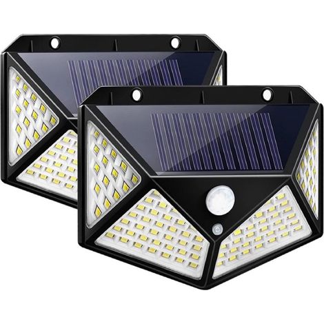 Lampe solaire extérieure Bcc, lampe solaire, applique murale étanche IP65, 100 LED, éclairage à 270°, 3 modes, ultra lumineux 1600 lm, pour portails de jardin, clôtures [2 pièces]. (1/5)