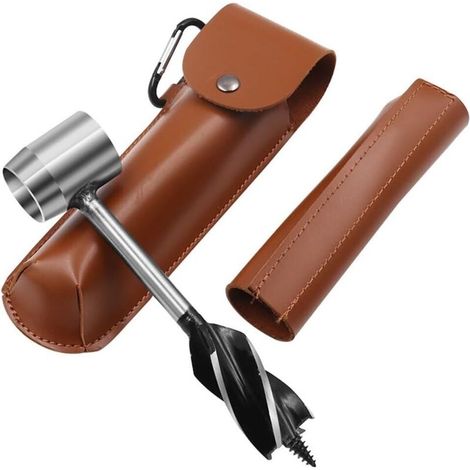 Perceuse manuelle de survie bushcraft avec étui en cuir, idéale pour le camping, la randonnée et le trekking, outil de perçage manuel pour le bois (marron)