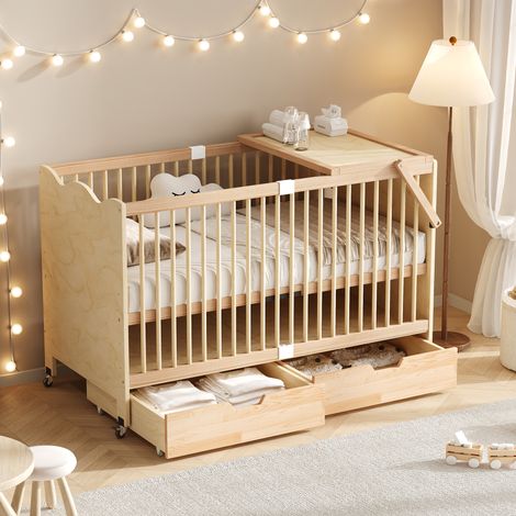 Modernluxe - Lit bébé évolutif en bois massif 140x70cm - Lit à barreaudage avec roulettes, tiroirs & table à langer latérale - Naturel (1/5)