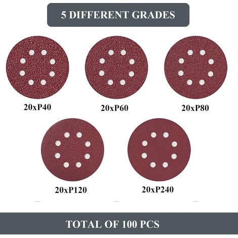 Lot de 100 - Jeu De Disque De Ponçage Papier Abrasif 125 mm │ De Verre 8 Trous Rond 20x P40/p60/p80/p120/p240 Grain (1/5)