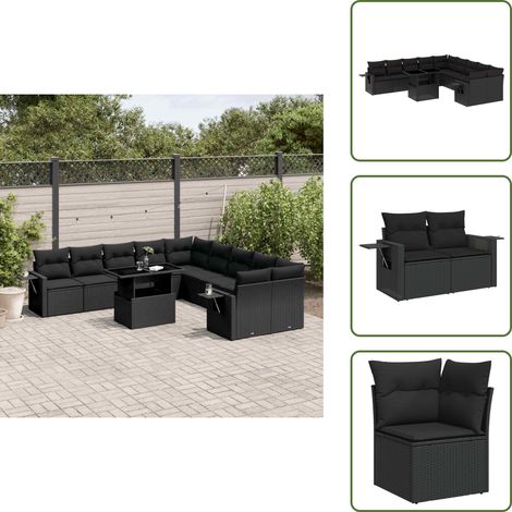 The Living Store 11-tlg. Garten-Sofagarnitur mit Kissen Schwarz Poly Rattan - Gartenmöbel Set - Esszimmergarnitur - Outdoor Möbel - Lounge Garnitur - Rattan Gartenmöbel (1/5)