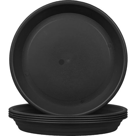 Lot de 5 soucoupes rondes pour pots de fleurs 25cm, noir, plateau plastique robuste pour plantes, usage intérieur et extérieur. (1/4)
