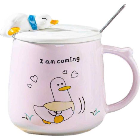 1 tasse en céramique, 350 ml, motif canard dessin animé, pour petit-déjeuner ou café, disponible en rose, bleu, vert, gris (1/5)