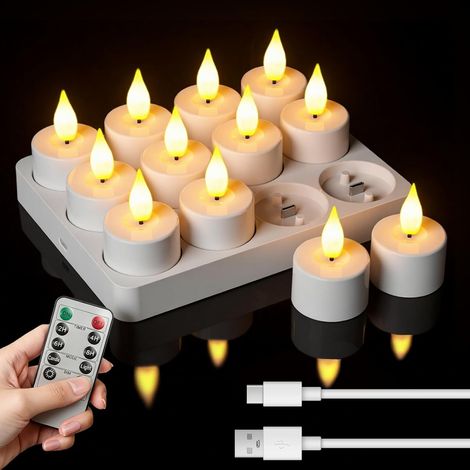 Bougies LED : lot de 12 bougies chauffe-plat rechargeables avec télécommande et minuteur effet flamme vacillante, autonomie de plus de 100 heures décorations pour les fêtes (1/5)
