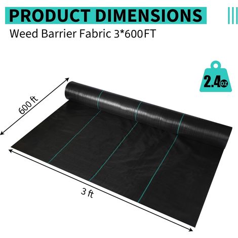 Bâche de Paillage Anti-Mauvaise Herbe Ultra-Résistante, Géotextile Tissé Imperméable aux Intempéries, 2,4 oz, 3x600 FT, 0,9 x 182 m (1/5)