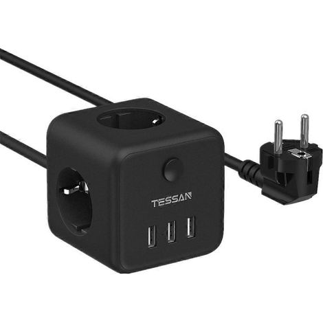 Multiprise cubique avec 3 prises secteur, 3 ports USB, câble de 1,5 mètre, protection contre les surcharges, rallonge multifonctionnelle pour la maison TS-301-BK. (1/3)