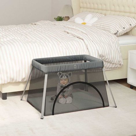 Parc bébé pliable 2 en 1 avec matelas amovible en tissu de lin gris foncé 110 x 82 x 67 cm - PANGIVO (1/5)