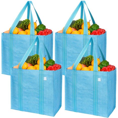 Set mit 4 blauen, wiederverwendbaren Einkaufstaschen und Tragetaschen, verstärkter Boden